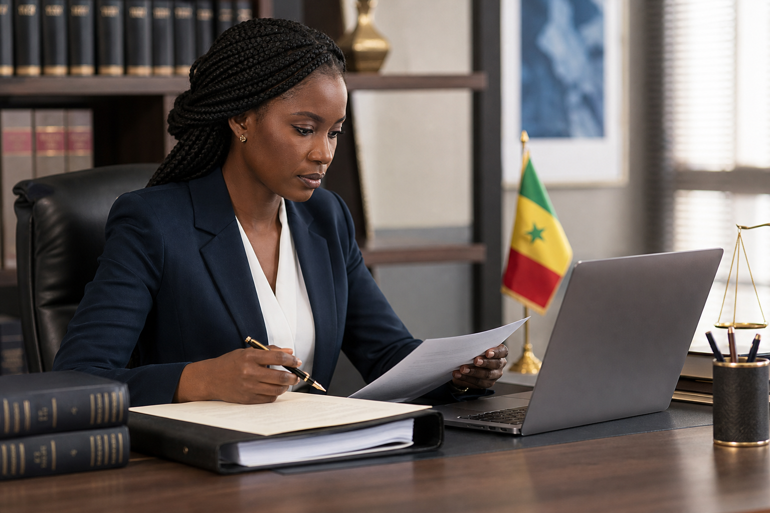 Avocate sénégalaise rédigeant un acte juridique assisté par Avocabi