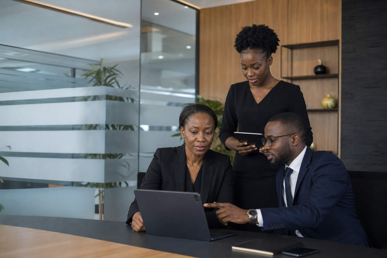 Équipe d’avocats africains travaillant dans un espace de cabinet confidentiel